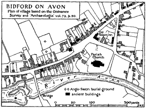 BIDFORD ON AVON
Plan of village based on the Ordnance Survey and 'Archaeologia' vol. 73, p. 90.