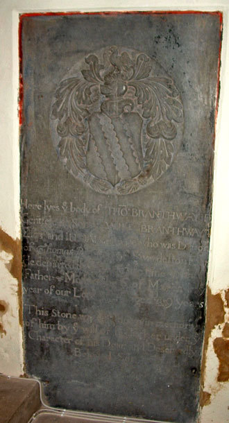 03 THO. BRANTHWAYT Gent: eldest son of WILL BRANTHWAYT Esq. and JULIAN his Wife who was daught[er] of Thomas Berney of Swardeston Esq. He departed this life in ye lifetime of his Father and Mother the 6 of March In ye year of our Lord 1676 aged 19 years This stone was laid down in memory of him by ye wife of his Father under ye Character of his dear and deservedly Beloved Son.